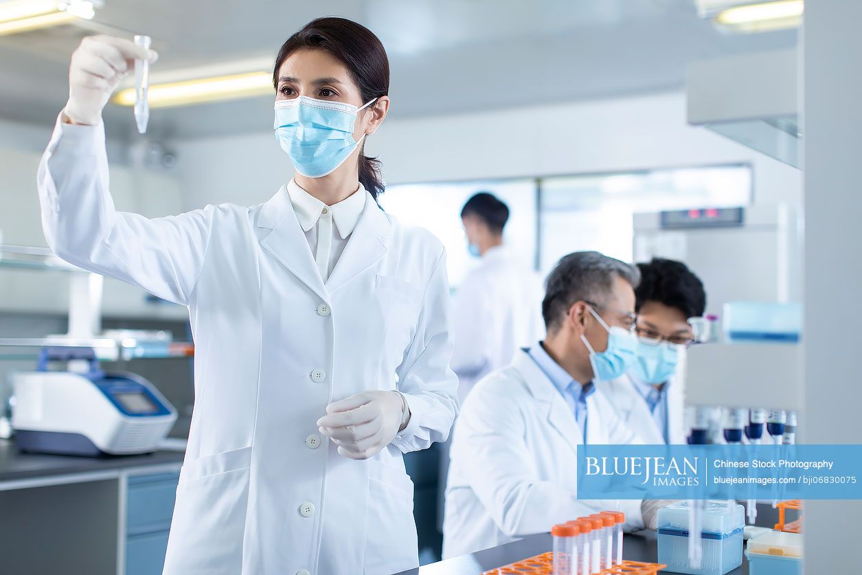 Chinese scientists examining medical sample in laboratory