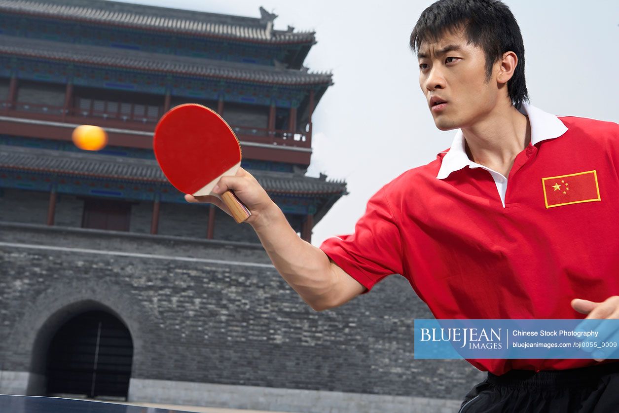 Chinese Ping Pong Player In Front Of A Temple