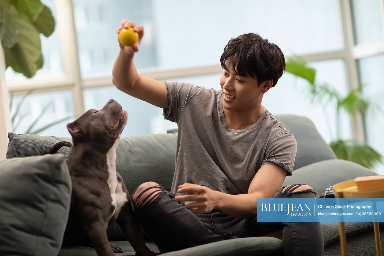 Young Chinese man with pet dog on sofa