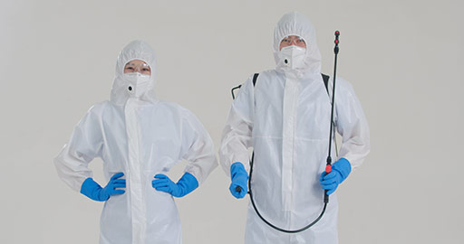 Young Chinese doctors in protective suit using crop sprayer,4K