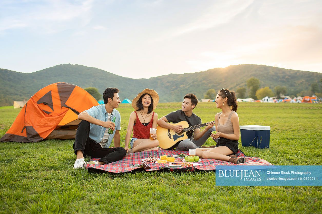 Happy young Chinese friends having a picnic outdoors