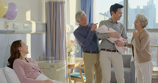 Happy Chinese family and newborn baby,4K