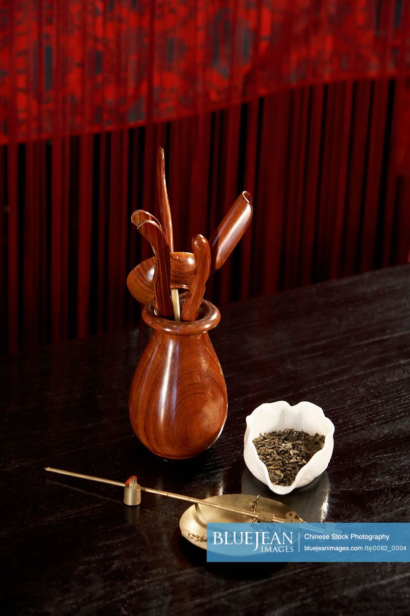 Chinese Tea Leaves With Scale And Ceremonial Utensils