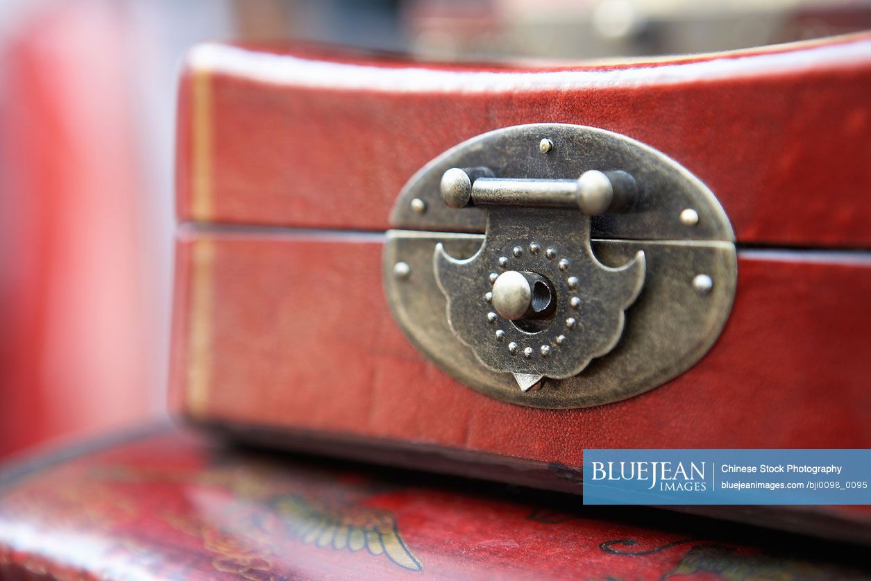 Close up of antique latch of wooden box