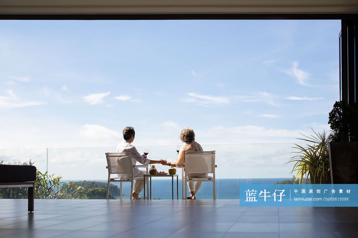 老年夫妇在阳台喝红酒