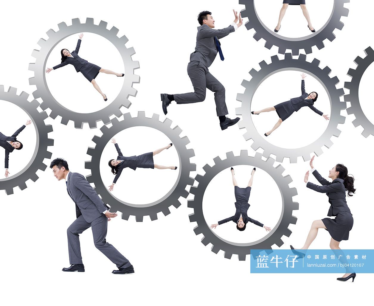 年轻商务人士推动齿轮转动