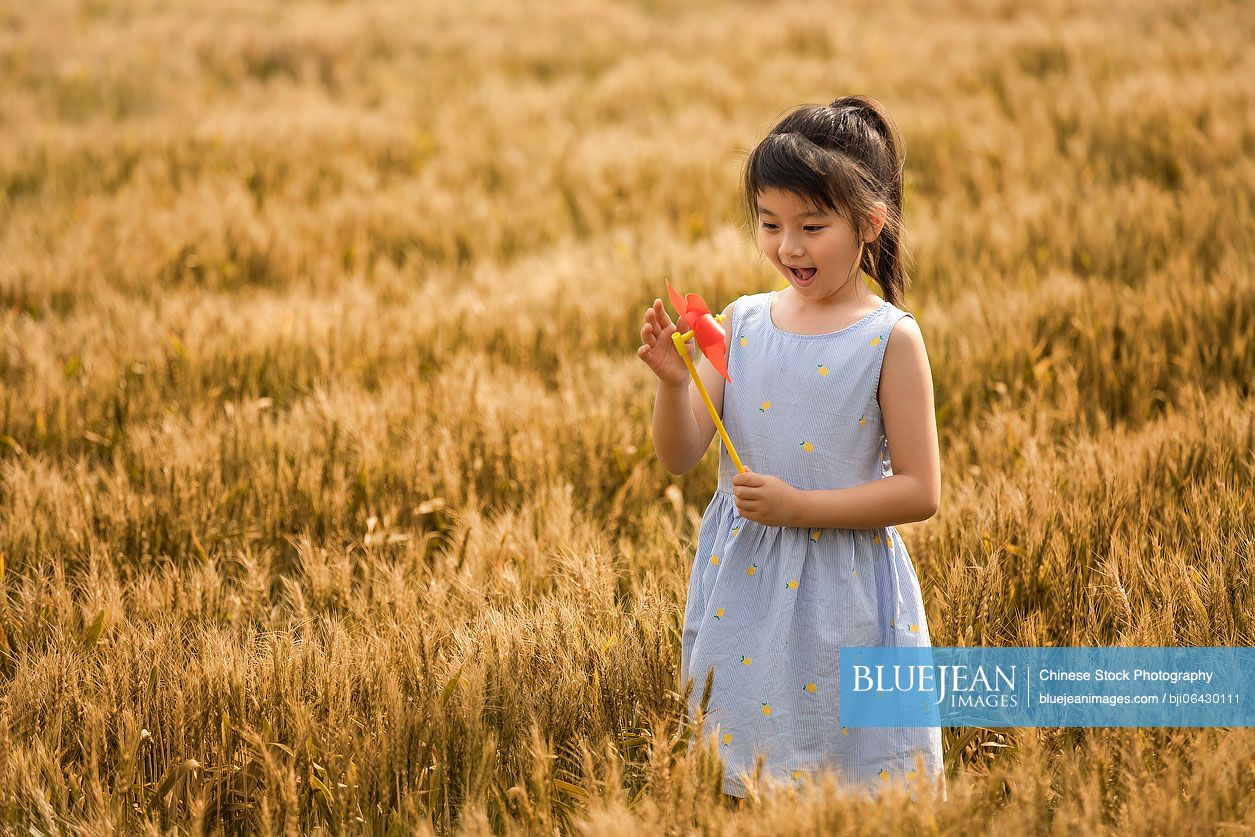 Little Chinese girl playing with paper windmill in wheat field