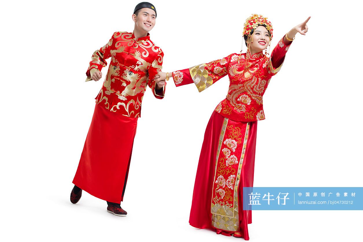穿中式古装结婚礼服的新娘和新郎-蓝牛仔影像-中国原创广告影像素材