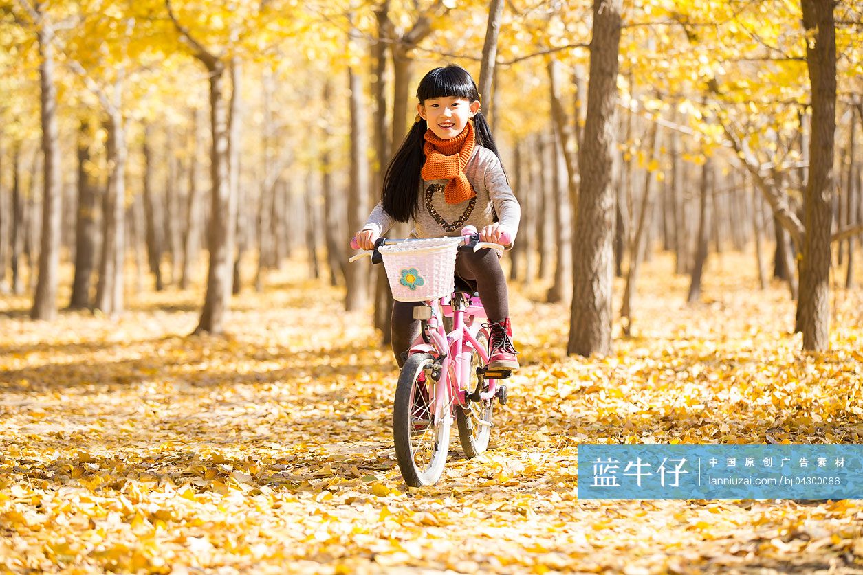 小女孩在秋日的树林里骑自行车