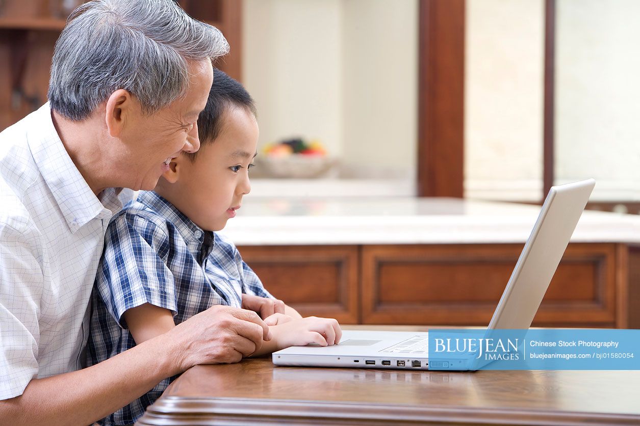 Chinese grandfather and grandson using laptop