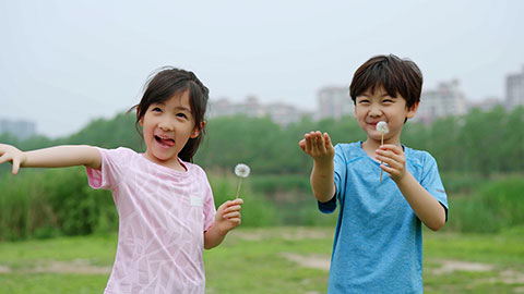 孩子们吹蒲公英