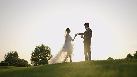 Sweet moment between bride and groom