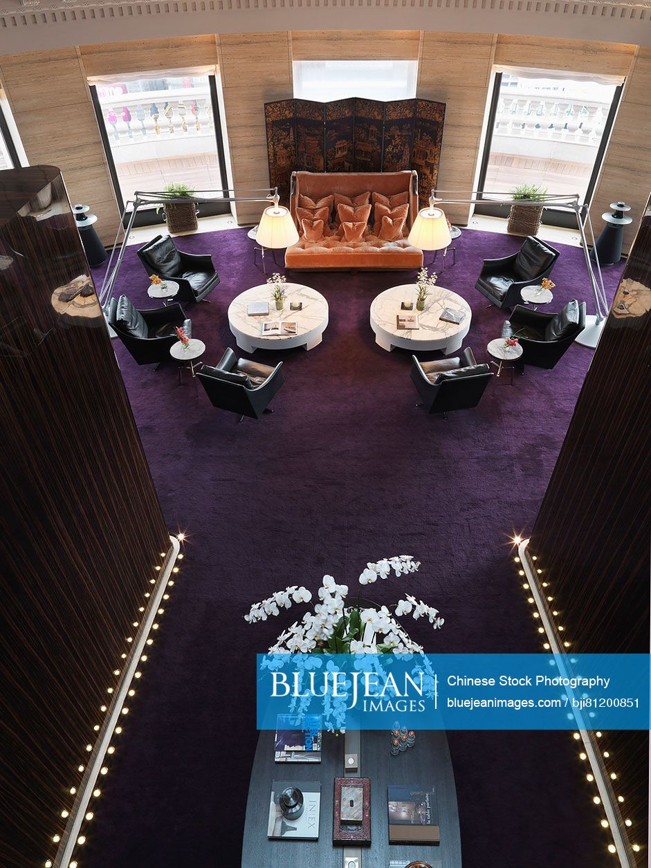 Aerial view lobby sitting area with purple carpet