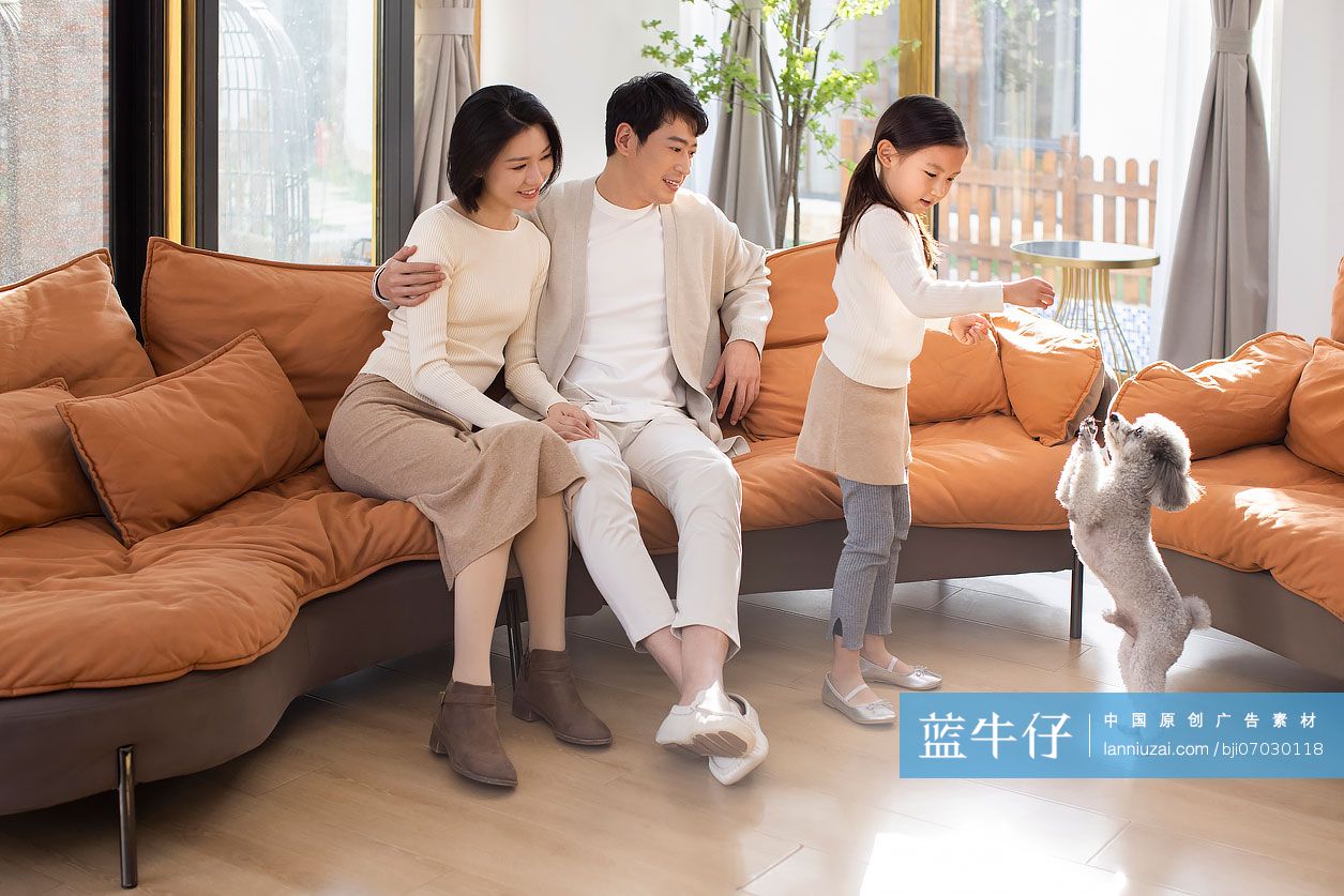 快乐的年轻家庭和宠物狗玩耍