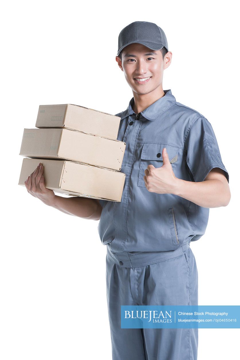 Chinese delivery person delivering package