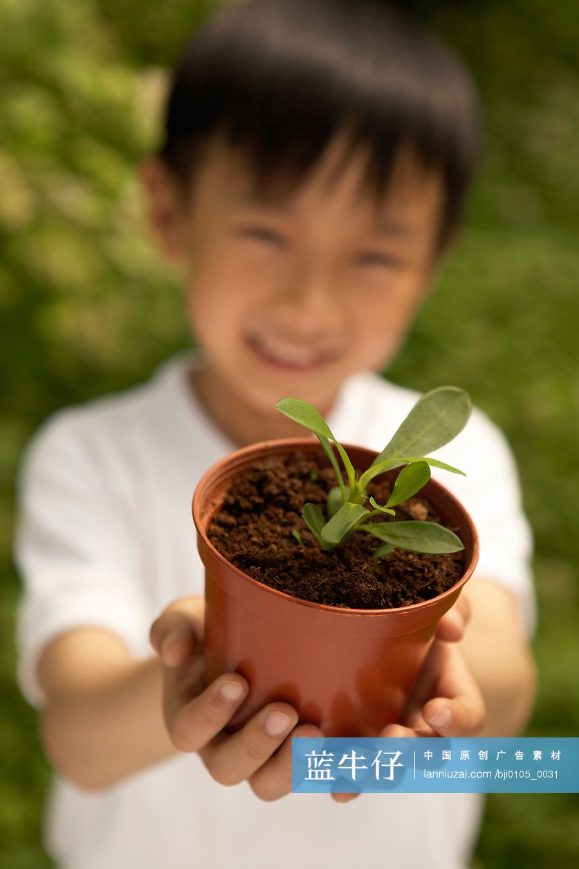 小男孩和盆栽植物