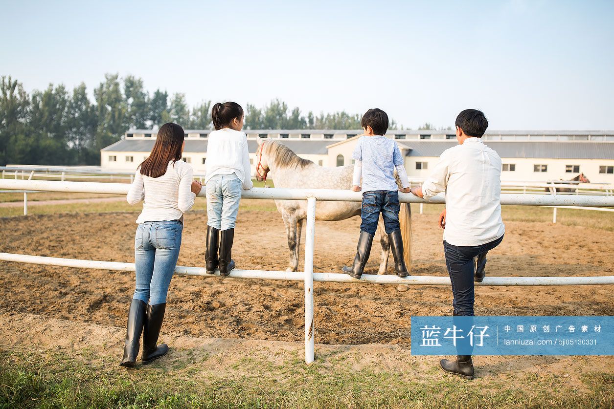 年轻父母带着儿女在马场玩