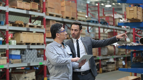 Businessman and engineer talking in factory,HD