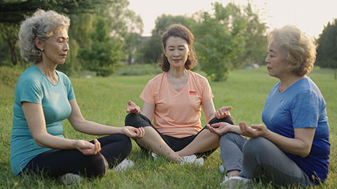 Happy senior Chinese friends doing yoga in park,4K