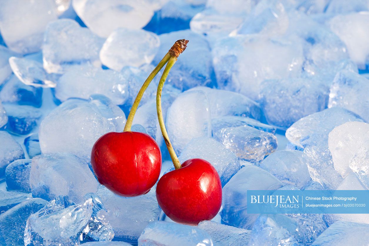 Fresh cherries on ice