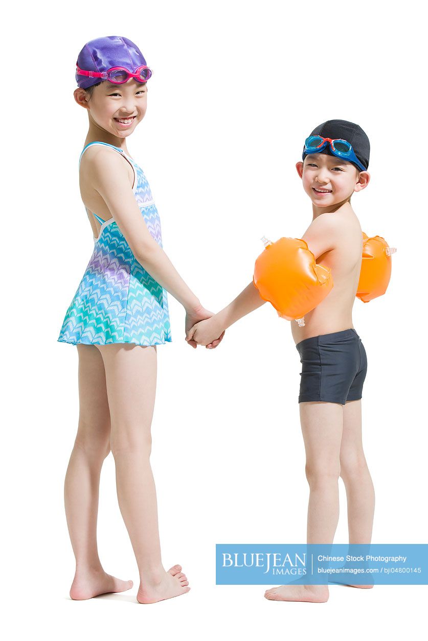 Cute Chinese children in swimsuit