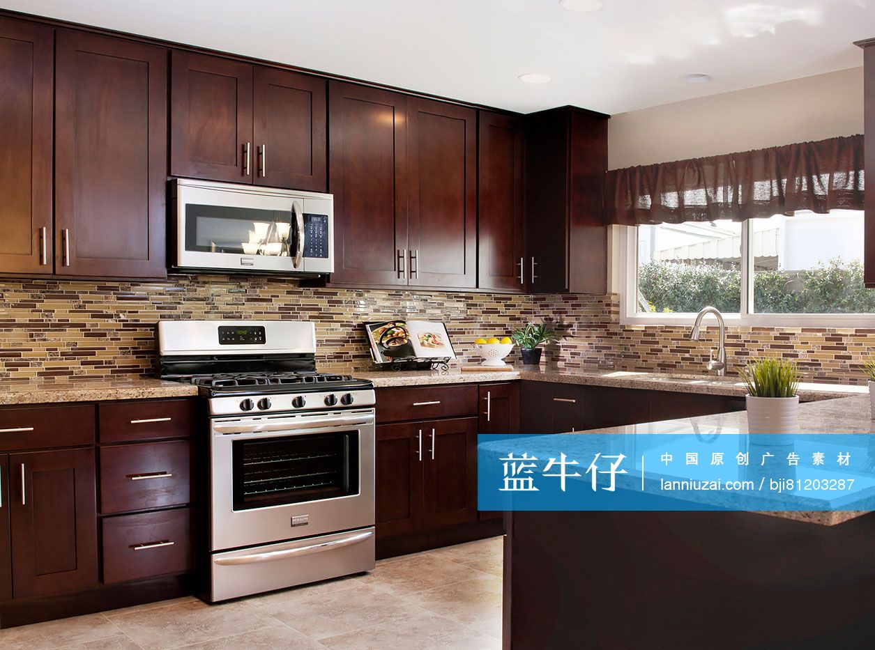 Interior of kitchen with wooden cabinets; California; United States of America