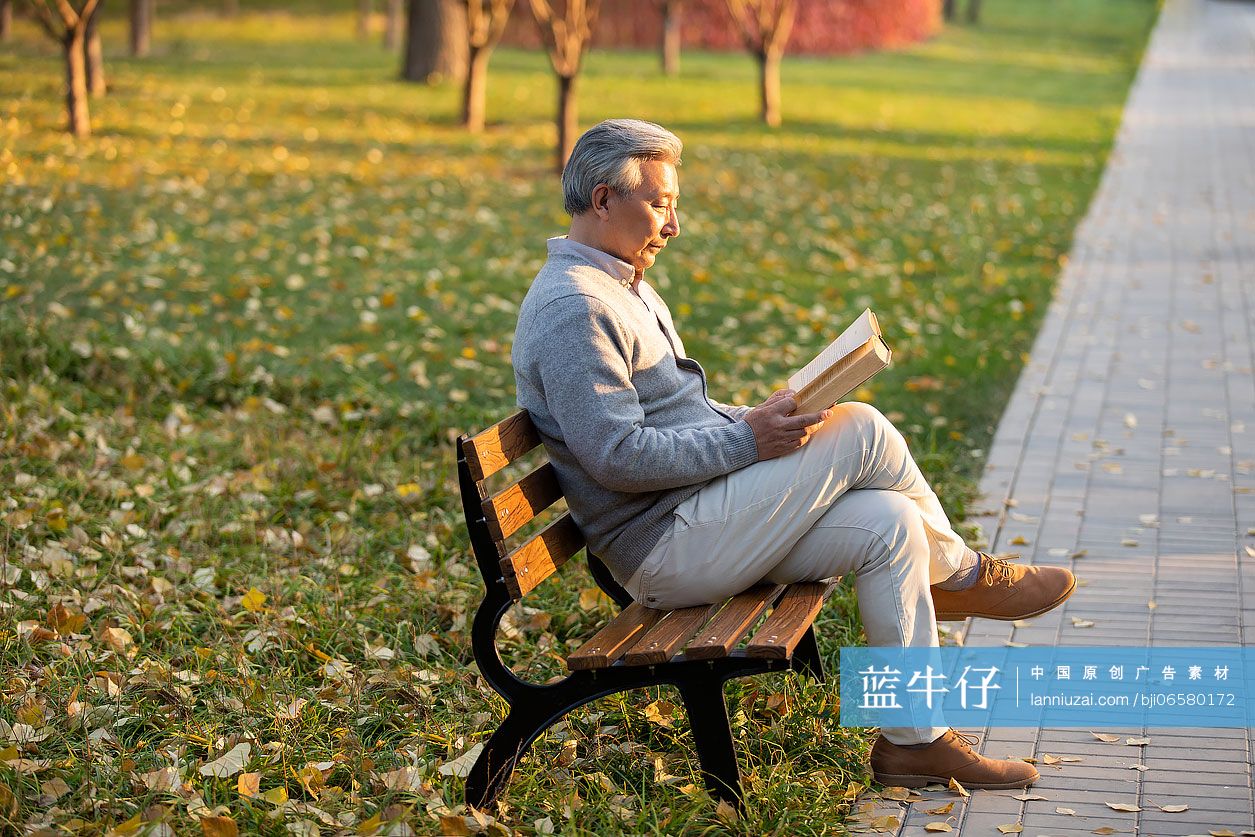 老年人在公园读书-蓝牛仔影像-中国原创广告影像素材