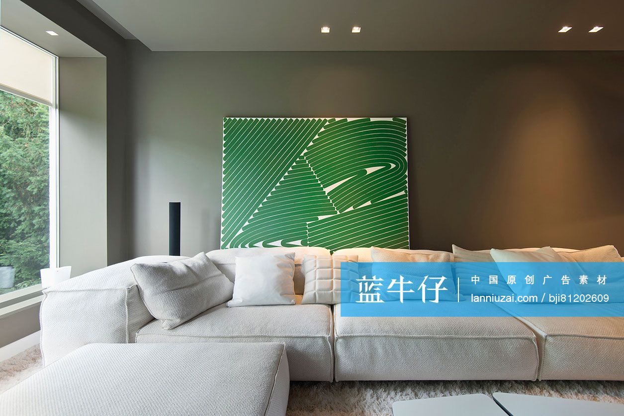 White sofa set with large picture frame on wall at modern living room in house