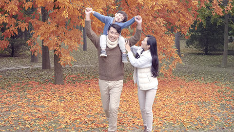 快乐年轻家庭在秋日树林里玩耍