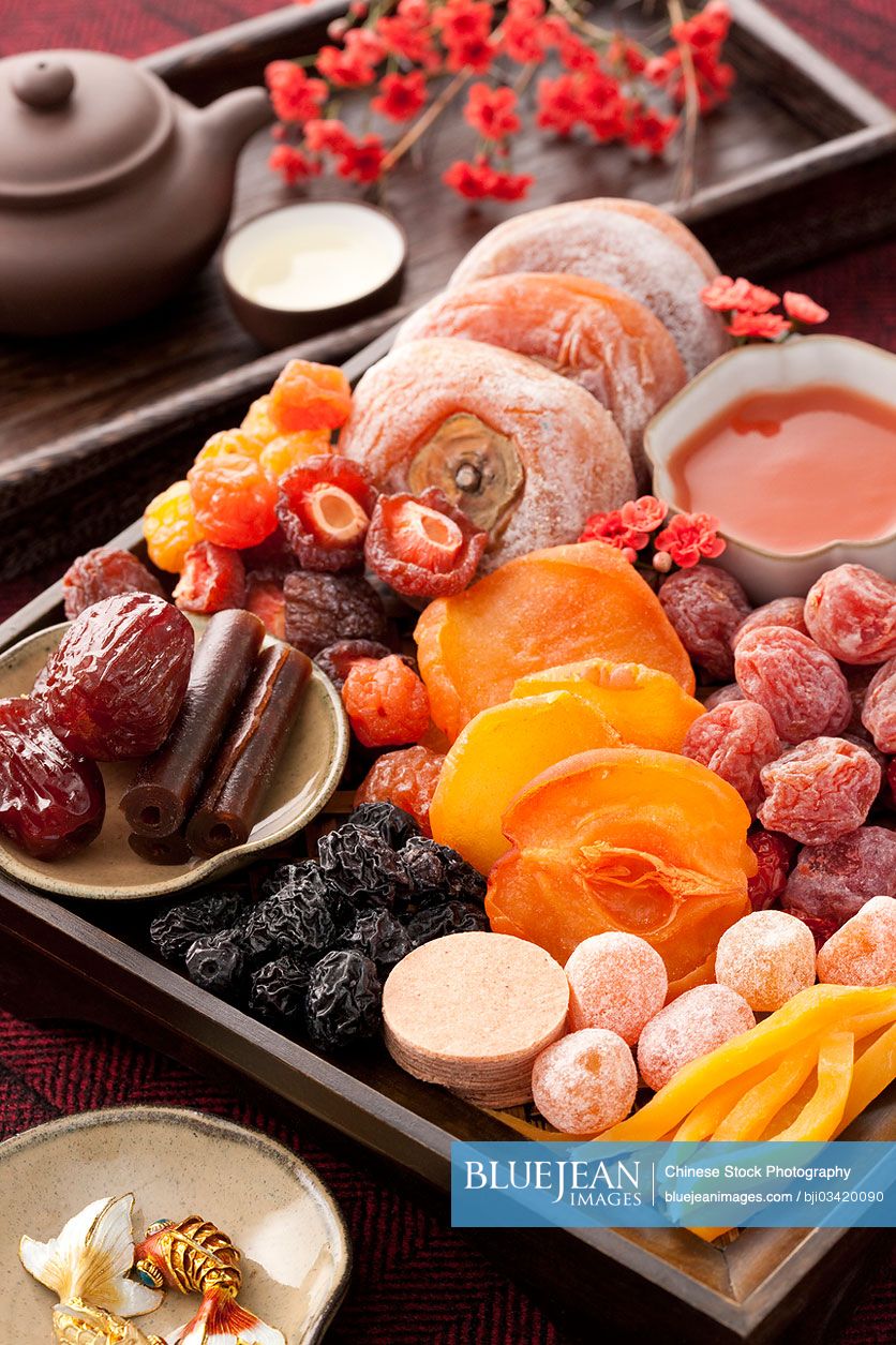 Various Chinese traditional preserved fruits and tea