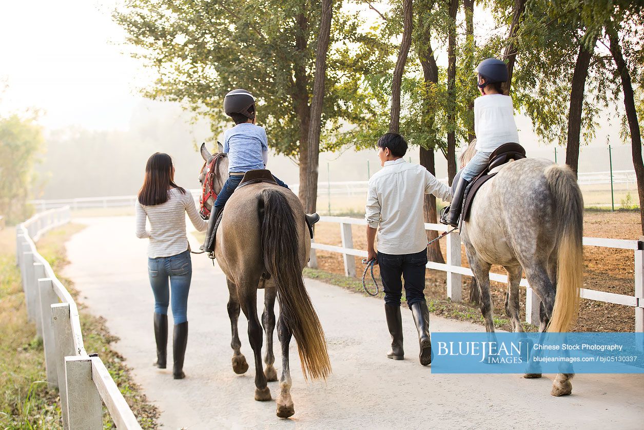Cheerful young Chinese family riding horse