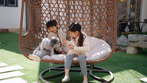 Happy little Chinese children with pet dog on hanging-chair,4K