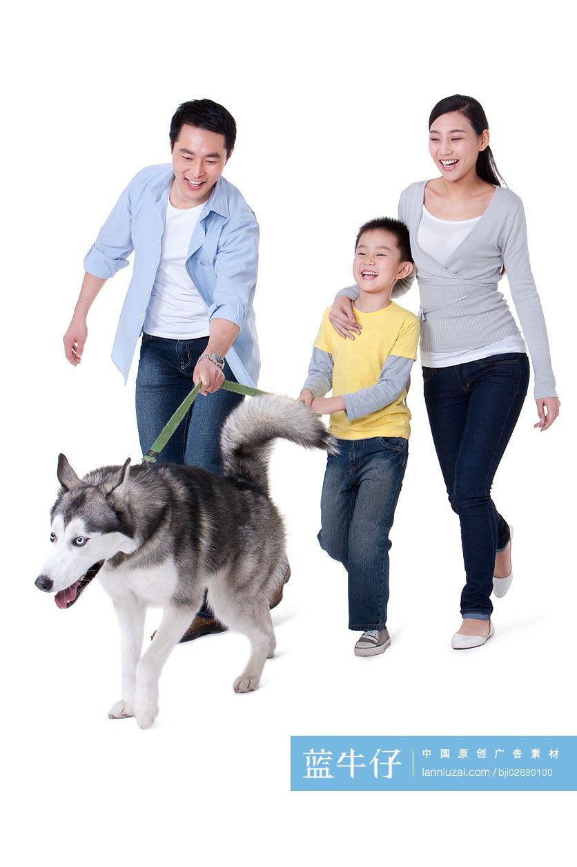 一家三口和哈士奇狗