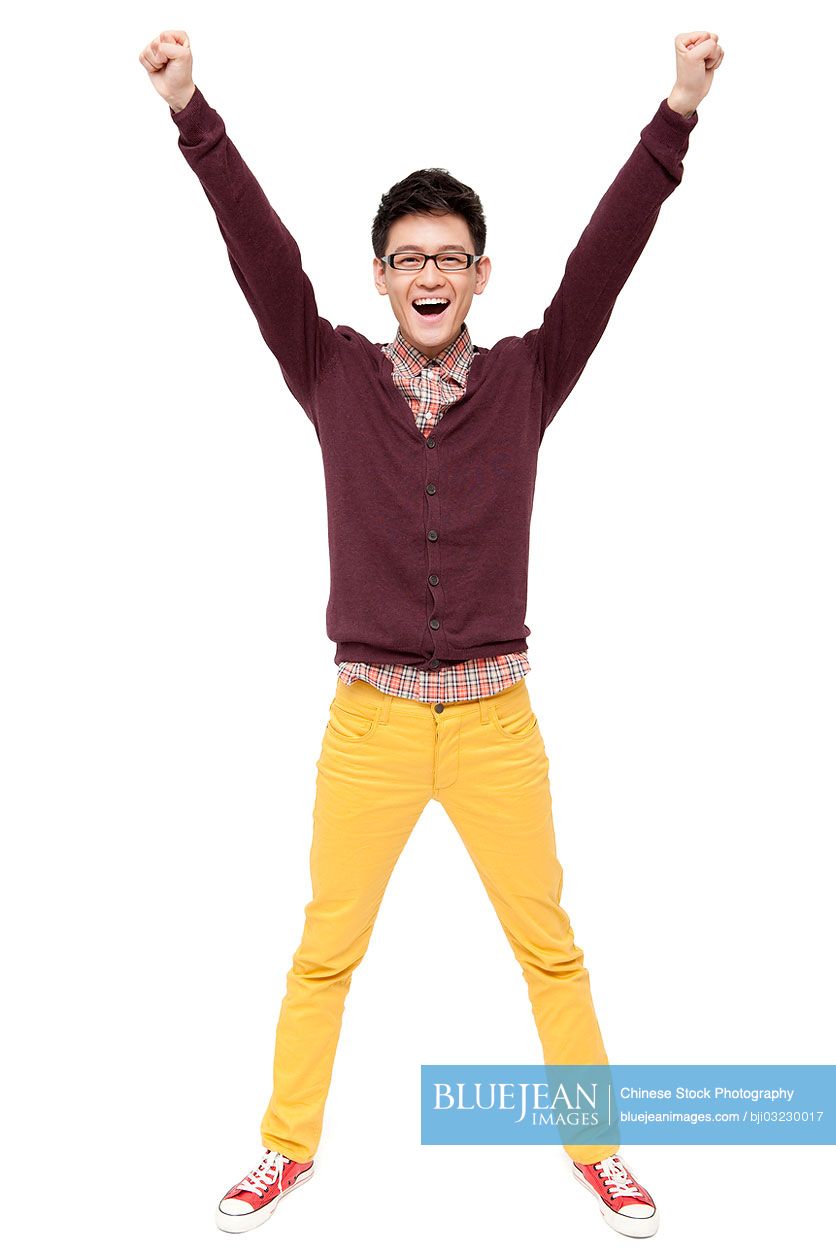 Happy young man spreadeagled in Chinese New Year