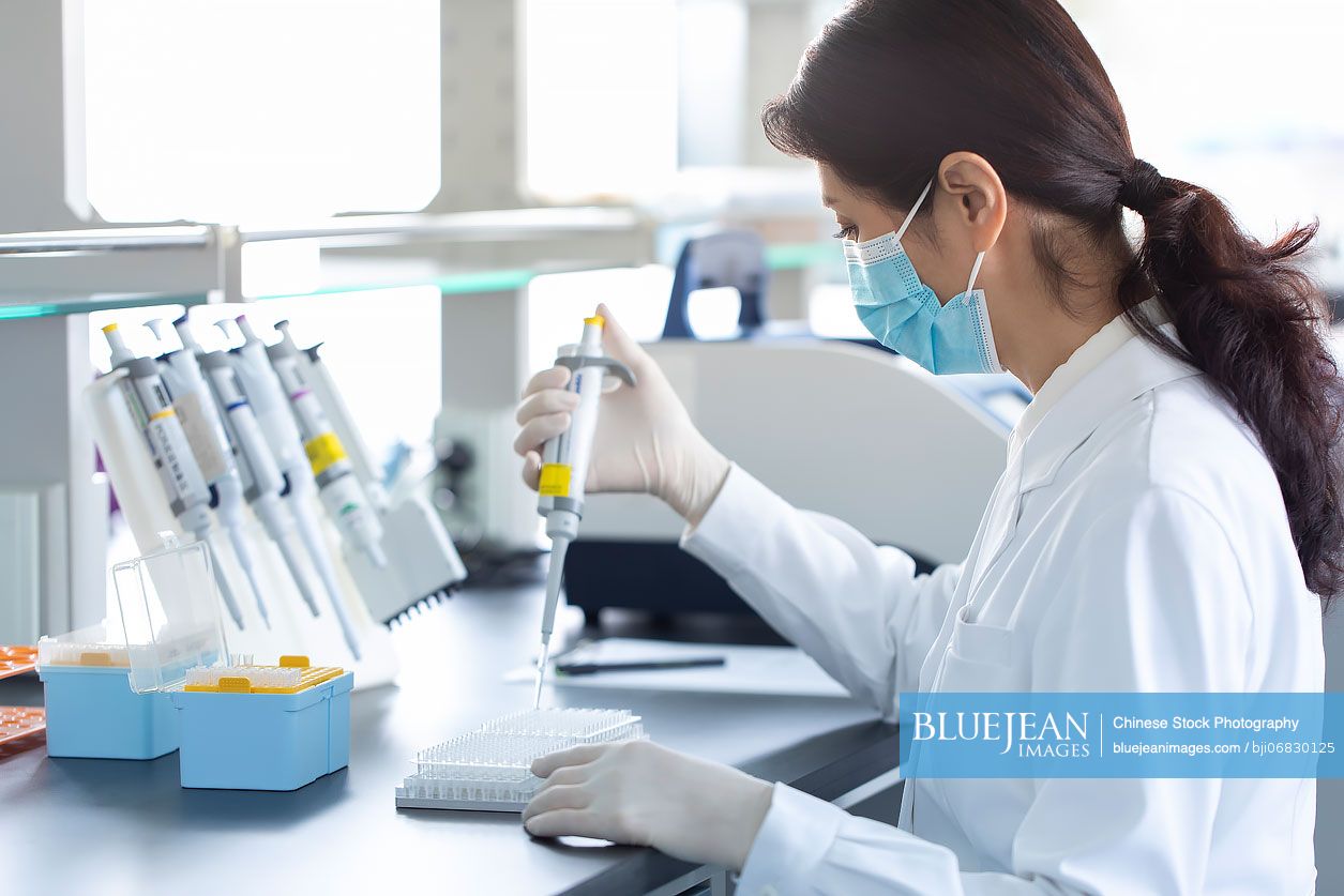 Chinese scientist pipetting samples in laboratory