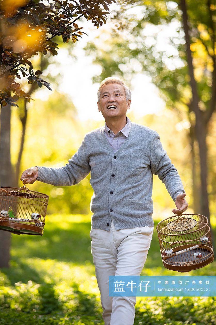 快乐的老年人在公园遛鸟