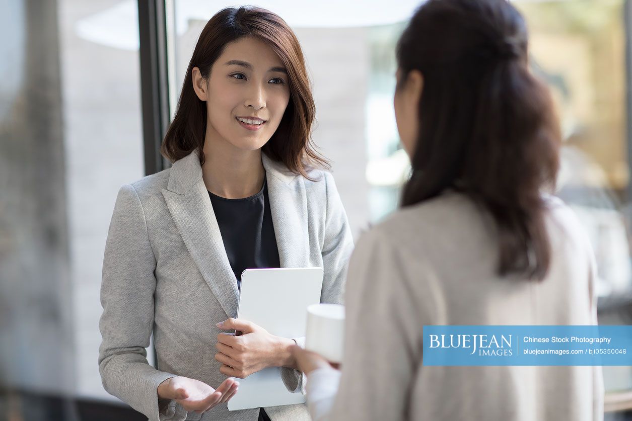 Confident Chinese businesswoman talking with a mature woman