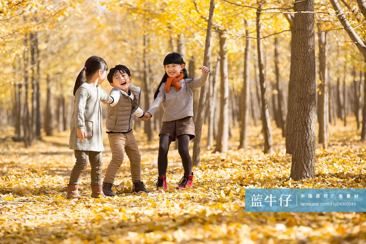 三个小孩在秋日的树林里嬉戏