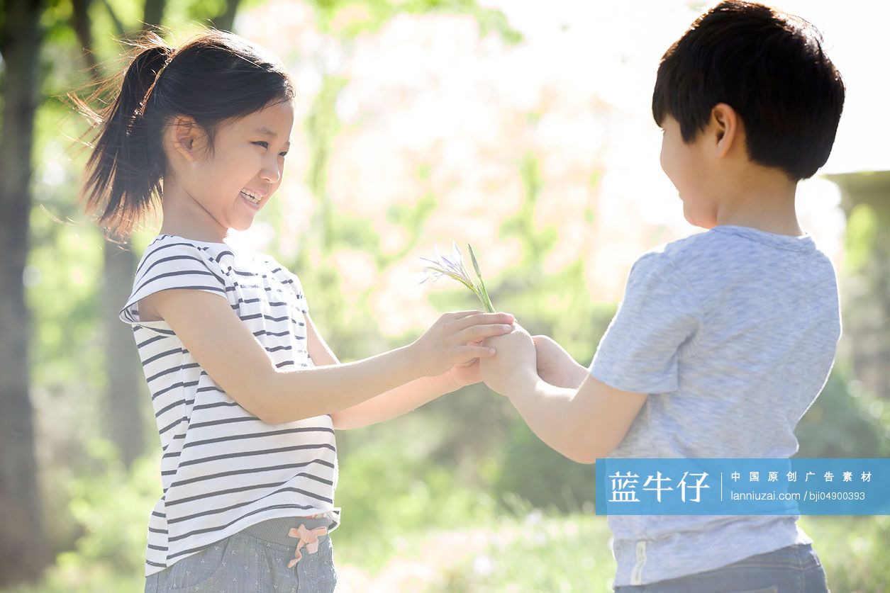 小男孩送花给小女孩