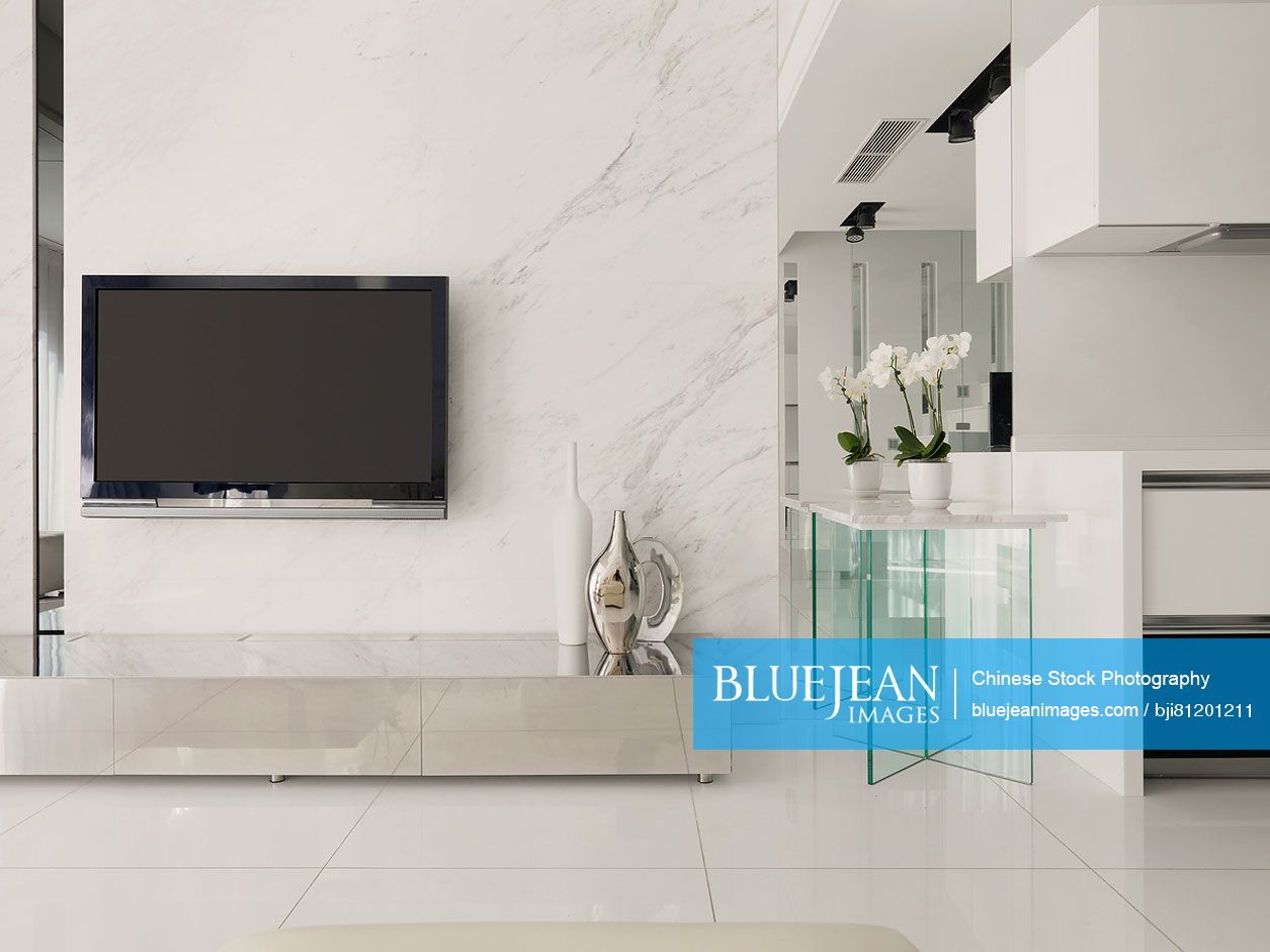 Marble wall with flat screen television in modern home