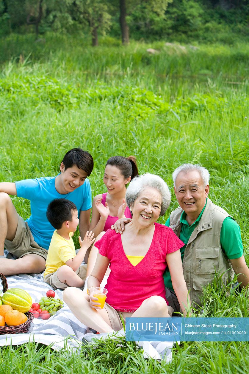 Portrait of a Chinese family picnicking