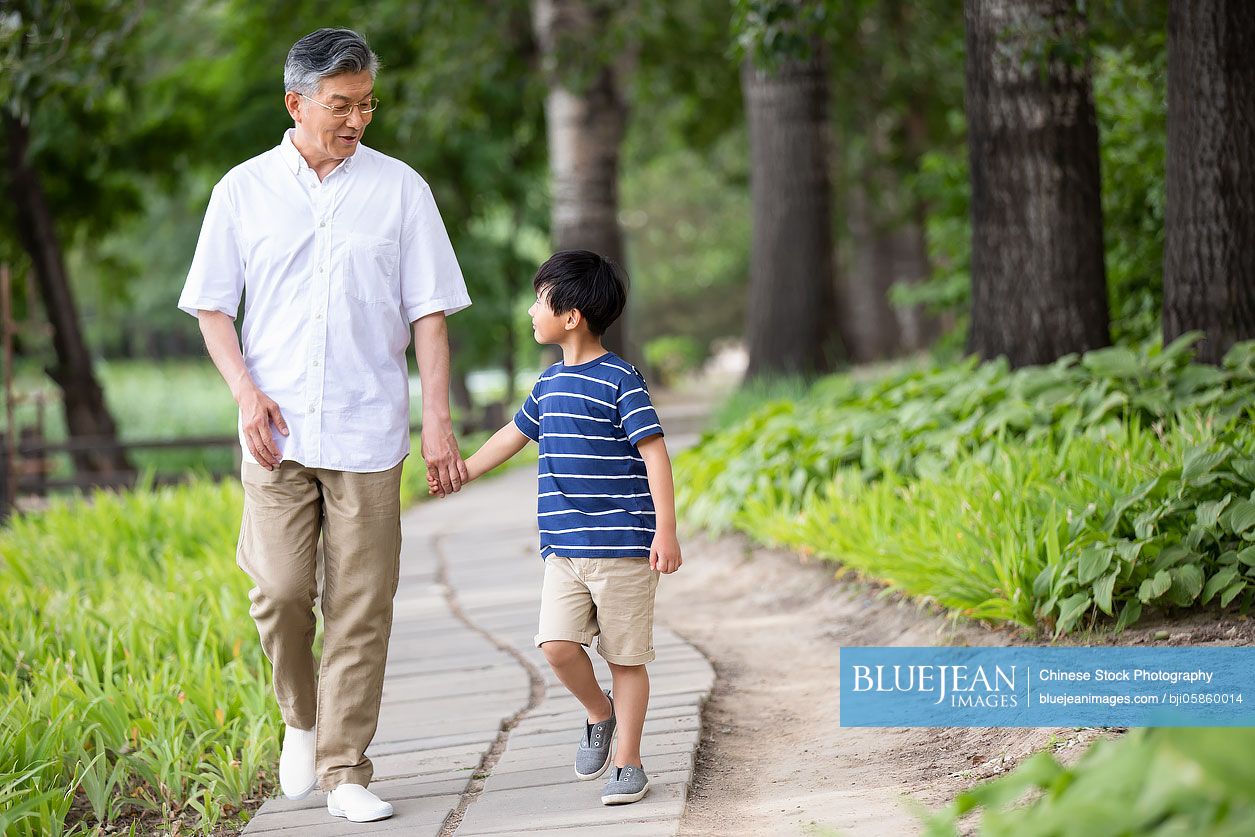 Happy Chinese grandfather and grandson walking in park