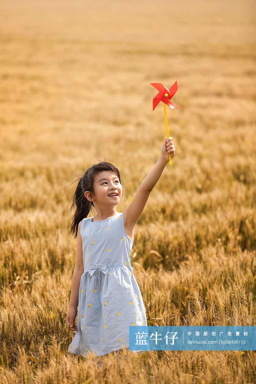 小女孩在麦田里玩风车玩具