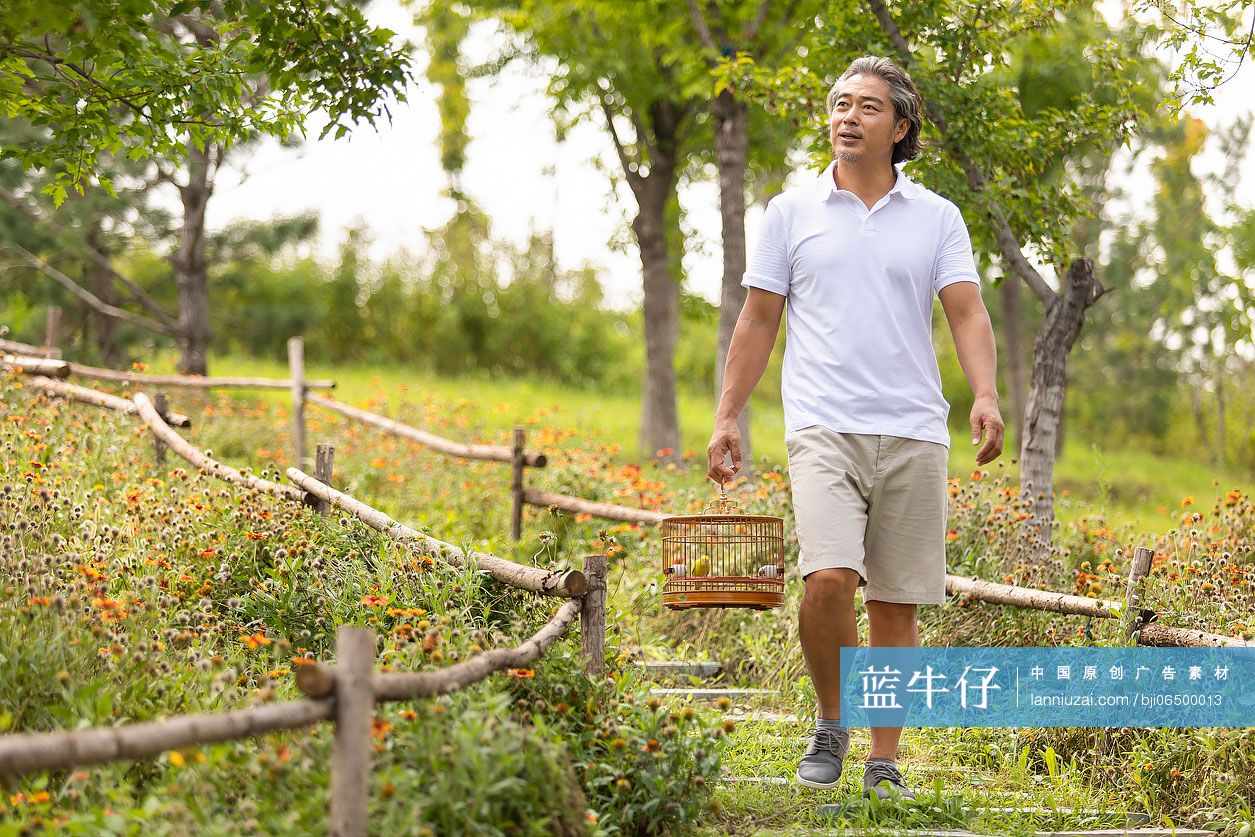 开心的中老年男子在公园遛鸟