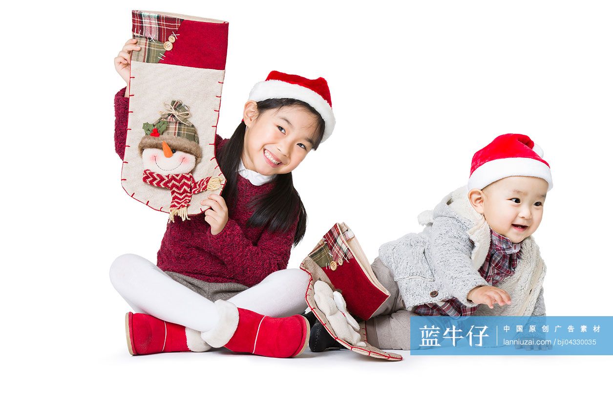 戴着圣诞帽的姐弟俩-蓝牛仔影像-中国原创广告影像素材