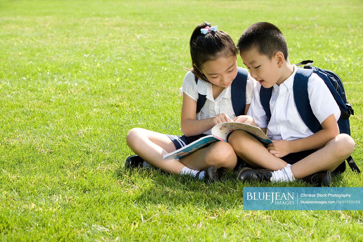 Elementary Chinese school students reading on the grass