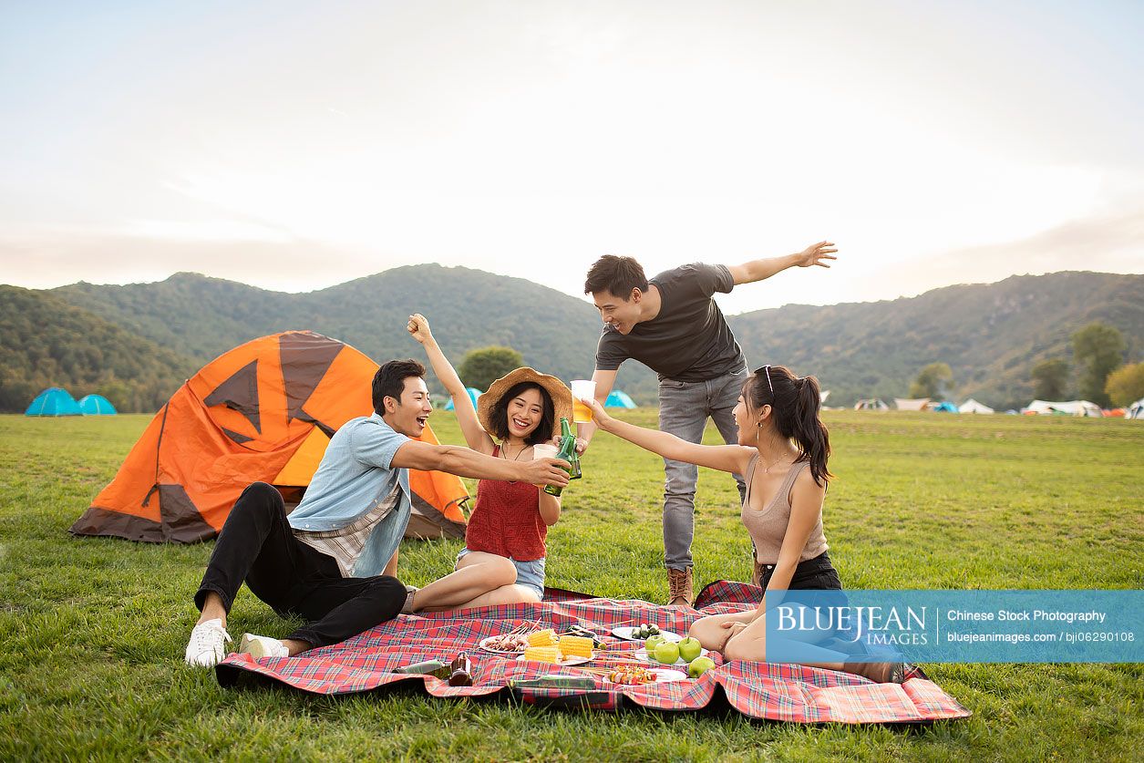 Happy young Chinese friends having a picnic outdoors
