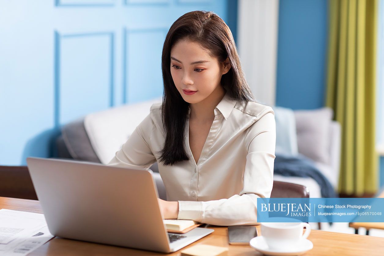 Young Chinese woman working with laptop at home
