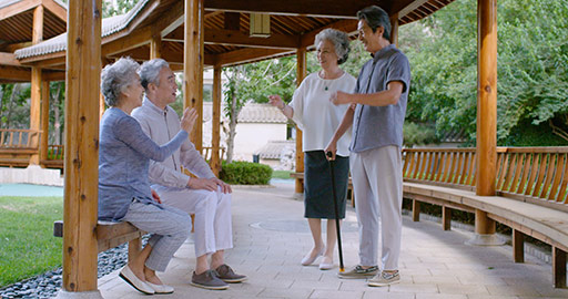 Senior Chinese friends talking in pavilion,4K