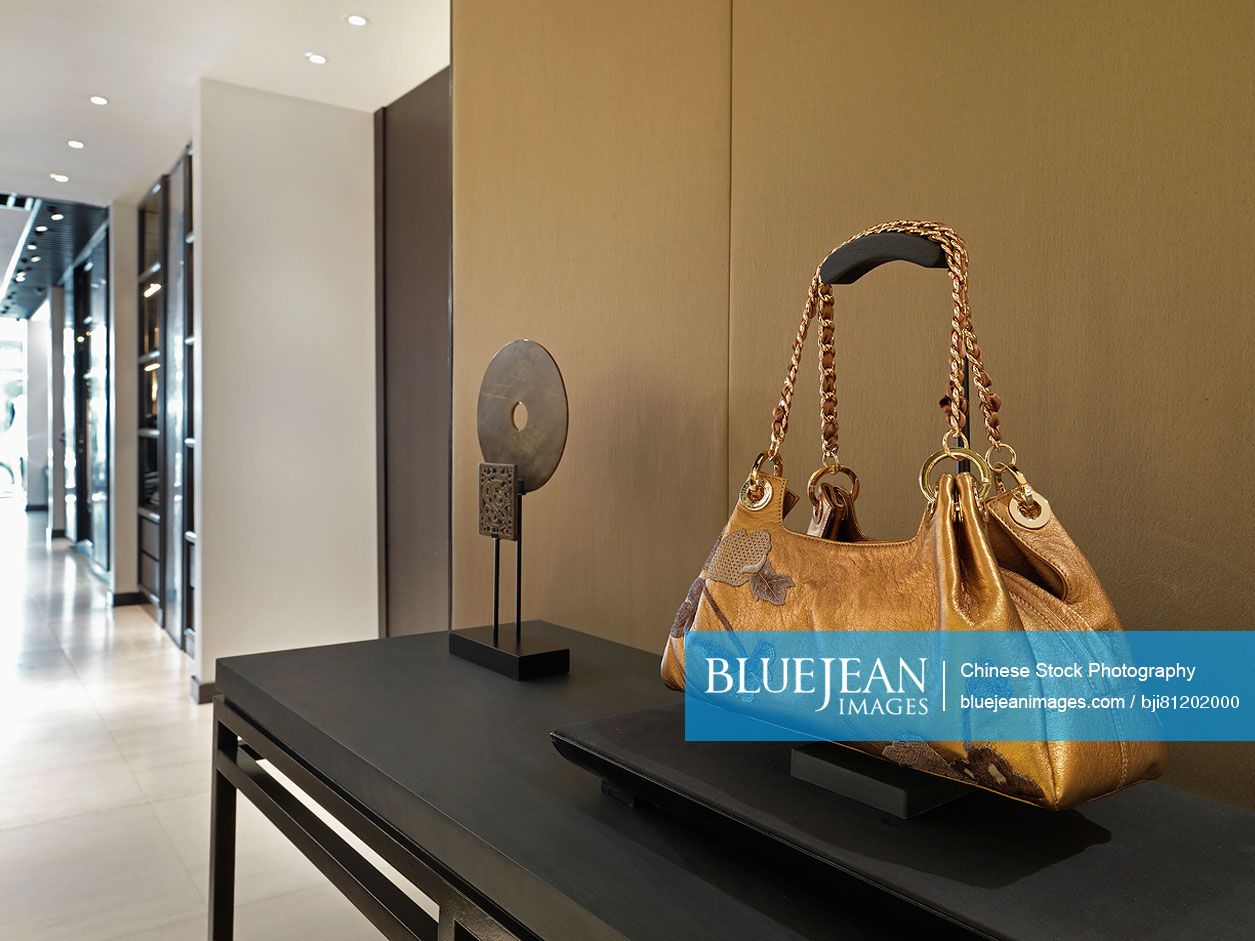 Golden color purse on display in clothing store